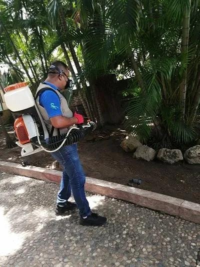 Técnico Chase con motoaspersora en jardín tropical